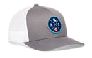 The Haka Hat Kansas City Trucker Hat | KC X Baseball Snapback by Haka Hat is a gray and white mesh comfort-fit snapback with a blue KC baseball patch and state outline—a classic cap for any Kansas City fan.