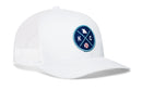 The Haka Hat Kansas City Trucker Hat features white mesh, a blue patch with a map, K and C letters, and a baseball icon. This KC X Baseball Snapback by Haka Hat offers a comfortable fit for everyday wear.