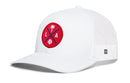 The Haka Hat Los Angeles Trucker Hat is a white mesh snapback with a curved brim and a red circular front patch featuring a palm tree, "L" and "A" letters, plus a baseball icon.