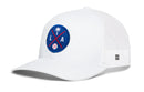 The Haka Hat Los Angeles Trucker Hat is a white snapback with a blue circular patch featuring a palm tree, baseball, and “L” and “A.” This mesh-back Blue LA X Baseball hat by Haka Hat also has a small logo tag on the side.
