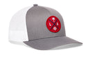 The Haka Hat Los Angeles Trucker Hat is a gray and white snapback with a red circular patch featuring a palm tree, baseball, and "L" and "A" separated by blue crossed lines—ideal for any Red LA X Baseball fan.