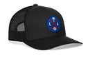 The Haka Hat Los Angeles Trucker Hat features a black mesh design and a blue circular patch with crossed red bats, a white palm tree, a baseball, and the letters L and A.