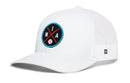 The Haka Hat Miami Trucker Hat | MIA X Baseball Snapback features white mesh, a round black patch with red crossed lines, "MIA" letters, and a baseball icon—bringing sporty Haka Hat style to your outfit.