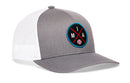 The Haka Hat Miami Trucker Hat | MIA X Baseball Snapback features a gray and white mesh design, black round patch with crossed red lines, HAKA MIA X lettering, and a baseball in the center—delivering bold Miami style.