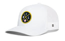 The Haka Hat Milwaukee Trucker Hat is a white mesh snapback with a curved brim and a circular front patch featuring black and yellow crossed bats, a baseball, and the letters M, I, L.