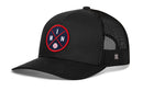 The Haka Hat Minnesota Trucker Hat is a black mesh snapback featuring a round red-bordered patch with crossed lines, the letters M and N, and a small baseball icon. Brand: Haka Hat. Product: MIN X Baseball Snapback.