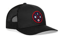The Haka Hat Minnesota Trucker Hat | MIN X Baseball Snapback is a black mesh-back trucker hat with a front patch showing red and white letters M and N, crossed red lines, and a baseball icon—celebrating Minneapolis style.