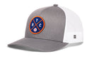 The Haka Hat New York Trucker Hat by Haka Hat is a gray and white snapback featuring a comfort-fit sweatband, a blue patch with orange trim, "NYC" lettering, crossed bat and ball design, plus a small baseball for sporty flair.