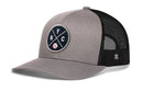 The Haka Hat New York Trucker Hat | NYC X Baseball Snapback features a solid gray front, a "NYC" round patch with a baseball graphic, and breathable black mesh back—an ideal addition to any NYC trucker hat collection by Haka Hat.