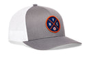 The Haka Hat New York Trucker Hat | NYC X Baseball Snapback by Haka Hat features a gray front, white mesh back, embroidered NYC baseball patch, and a comfort-fit sweatband for all-day wear.