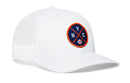 The Haka Hat New York Trucker Hat features white mesh, a round navy patch with orange trim, NYC letters, crossed bats, a baseball graphic, and a comfort-fit sweatband for all-day wear.