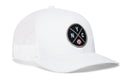The Haka Hat New York Trucker Hat is a white mesh snapback featuring a black circular NYC patch with crossed bats and a small baseball.