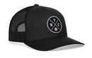 The Haka Hat New York Trucker Hat features black mesh, a curved brim, and a front patch with white NYC letters in an X and a red/white baseball icon. This snapback by Haka Hat is ideal for sporty city style.