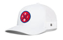 The Haka Hat Philadelphia Trucker Hat is a white mesh snapback with a curved brim and a red and blue patch featuring crossed lines, "PHI," and a baseball—an ideal addition to any Philadelphia hat collection.