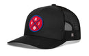 The Haka Hat Philadelphia Trucker Hat | PHI X Baseball Snapback features a black mesh design and a red-and-blue circular patch with P, H, I, and a white baseball for classic Philly style.