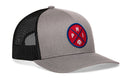 The Haka Hat Philadelphia Trucker Hat features a gray and black mesh design, a red circular patch with blue trim, blue crossed lines, white "PHI" letters, and a small white baseball at the bottom.