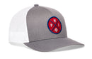 The Haka Hat Philadelphia Trucker Hat features a gray and white design with mesh back, a circular blue and red PHI X baseball patch, and snapback closure—an ideal addition to any Philadelphia hat collection.