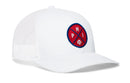 The Haka Hat Philadelphia Trucker Hat is a white mesh snapback featuring a red and blue PHI X baseball patch with crossed lines—an ideal addition to any Philadelphia hat collection.