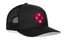 Show your city pride with the Haka Hat Philadelphia Trucker Hat—this mesh snapback features a black design, red and blue circular PHI patch, and baseball icon. Perfect for fans, by Haka Hat.