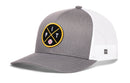 The Haka Hat Pittsburgh Trucker Hat | PIT X Baseball Snapback features a gray and white design, black and yellow circular patch with PIT letters, crossed lines, small baseball, mesh back, and logo tag. Brand: Haka Hat.