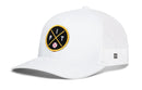 The Haka Hat Pittsburgh Trucker Hat is a white mesh snapback with a black circular patch featuring yellow crossed lines, "PIT" lettering, and a small baseball on the front.