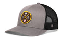 The Haka Hat San Diego Trucker Hat | SD X Baseball Snapback features a gray front, black mesh back, and a patch with a palm tree, baseball, and SD letters—perfect for fans of the Haka Hat style.
