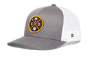 The Haka Hat San Diego Trucker Hat | SD X Baseball Snapback by Haka Hat features a gray and white mesh design with a front round patch showing a palm tree, baseball, and the letters S and D for laid-back San Diego style.