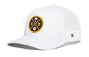 The Haka Hat San Diego Trucker Hat (SD X Baseball Snapback) features a white mesh design and a circular patch with palm tree, baseball, and crossed S & D letters—classic style from Haka Hat.