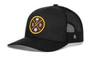 The Haka Hat San Diego Trucker Hat | SD X Baseball Snapback features a black mesh design with breathable side and back panels and a front patch showing a palm tree, baseball, and S/D in a yellow-bordered circle.