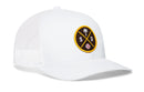 The Haka Hat San Diego Trucker Hat | SD X Baseball Snapback is a white mesh hat with a black and yellow patch showing crossed bats, a palm tree, the letters S and D, and a small baseball.