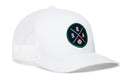 The Haka Hat Seattle Trucker Hat | SEA X Baseball Snapback features a white mesh design with a round patch embroidered with crossed lines, S, E, A letters, and a small baseball—showcasing the classic Haka signature 5.0 style.