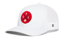 The Haka Hat St Louis Trucker Hat is a white mesh snapback with a red circular patch featuring blue crossed lines, “S,” “T,” “L,” and a baseball icon. It also includes a small black-and-white tag on the mesh side.