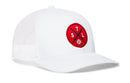The Haka Hat St Louis Trucker Hat is a white mesh snapback featuring a red circular patch with crossed lines, the letters S, T, L, and a baseball icon.