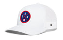 The Haka Hat Texas Trucker Hat is a white mesh snapback with a curved brim, featuring a round blue patch with red "TEX" lettering and a small white baseball on the front.