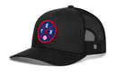 The Haka Hat Texas Trucker Hat features a round blue, red, and white TEX baseball patch with crossed bats on front, black mesh sides and back for ventilation, and an adjustable snapback closure. Brand: Haka Hat.