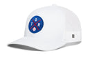 The Haka Hat Toronto Trucker Hat features a white mesh build, curved bill, blue front patch with red crossed bats, TOR letters, a baseball, and black logo tag on the side. Also known as the TOR X Baseball Snapback by Haka Hat.