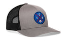 The Haka Hat Toronto Trucker Hat | TOR X Baseball Snapback features a gray and black design, blue circular patch with red crossed lines, TOR letters, baseball detail, curved brim, and mesh back for classic comfort.