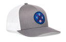 The Haka Hat Toronto Trucker Hat features a gray and white design with mesh back, a blue circular patch displaying red crossed bats, "TOR", and a baseball at the center. Officially named TOR X Baseball Snapback by Haka Hat.
