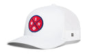 The Haka Hat Washington DC Trucker Hat is a white mesh baseball snapback with a curved brim, featuring a red and blue circular patch on the front with "WSH" letters and a small baseball graphic.
