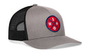 The Haka Hat Washington DC Trucker Hat is a gray and black mesh snapback featuring a red and blue circular patch with S W H lettering and a white baseball—perfect for any baseball trucker hat fan.