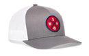 The Haka Hat Washington DC Trucker Hat by Haka Hat is a gray and white mesh snapback with a circular red and blue WSH patch featuring a baseball graphic—perfect for Washington D.C. fans.