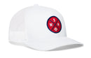 The Haka Hat Washington DC Trucker Hat features white mesh, a red circular front patch with blue trim, and displays "WSH" with a baseball icon.