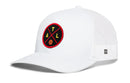 The Haka Hat Atlanta Trucker Hat | ATL X Basketball Snapback features a white mesh back and a round black and red front patch with yellow ATL letters and a small basketball—classic Atlanta style from Haka Hat.