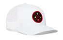 The Haka Hat Atlanta Trucker Hat | ATL X Basketball Snapback by Haka Hat features a classic white mesh design with a round black patch displaying red and yellow “A”, “T”, and “L” letters plus a small basketball at the bottom.