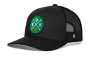 The Haka Hat Boston Trucker Hat | BOS X Basketball Snapback by Haka Hat features a black mesh back, green round "BOS" basketball patch, side "H" logo, and an adjustable snapback closure.