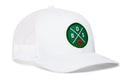 The Haka Hat Boston Trucker Hat is a white mesh snapback featuring a green circular patch with BOS, intersecting lines, and a basketball graphic on the front.