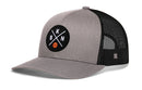 The Haka Hat Brooklyn Trucker Hat is a gray and black snapback with a mesh back and a round front patch featuring "BKN" letters and an orange basketball graphic.