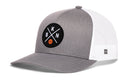 The Haka Hat Brooklyn Trucker Hat | BKN X Basketball Snapback features a gray and white design, black "BK" "BN" basketball patch, curved brim, mesh back panels, and classic snapback closure.