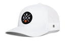 The Haka Hat Brooklyn Trucker Hat is a white mesh snapback featuring a black front patch with crossed lines, the letters B, K, N, and an orange basketball icon at the center.