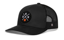 The Haka Hat Brooklyn Trucker Hat | BKN X Basketball Snapback features black mesh panels, a round front patch with white crossed lines, BKN letters, an orange basketball, a small H logo on the bill, and classic HAKA signature trucker style.
